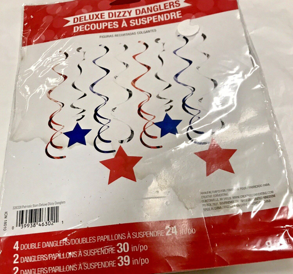 Patriotic Stars Red White Blue Silver Danglers Spinners Festive Party Decorate