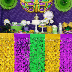 Mardi Gras Party Decorations, 2 Pack Purple Green Gold Wavy Metallic Tinsel Foil