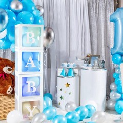 Baby Boxes with 4 PCS Letters for Baby Shower White Clear Balloon Box Blocks Gen