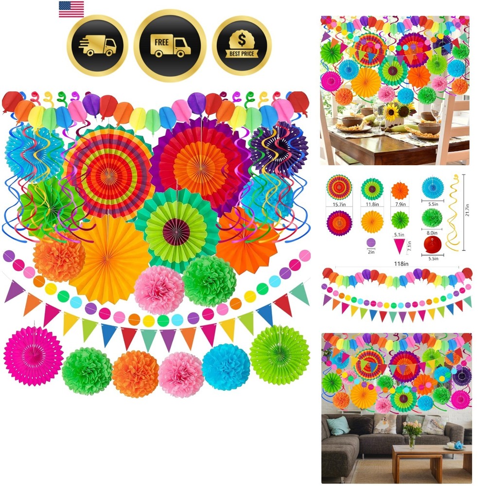 Fiesta Decorations Paper Fans Pom Poms Garlands Garland Mexican Party Decor