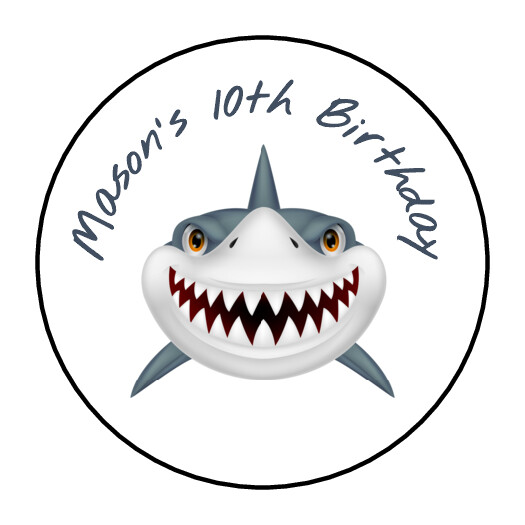 personalized shark birthday party stickers, labels, tags, decorations, favors