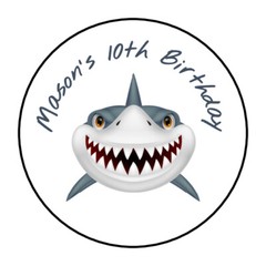 personalized shark birthday party stickers, labels, tags, decorations, favors
