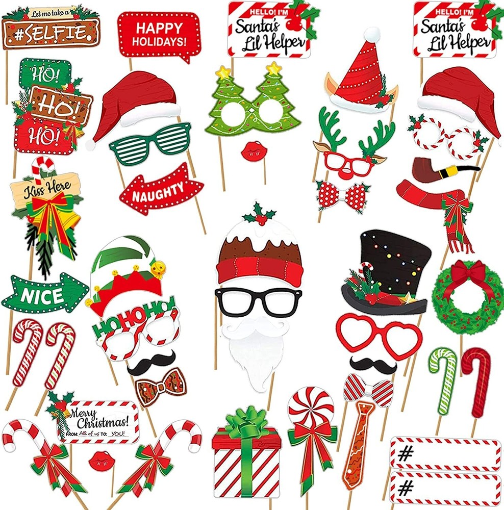 44Pcs Christmas Party Photo Booth with Stick Props Kit for Adults Kids for Chris