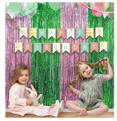 Pink & Green Foil Fringe 2-Pack Curtains Decorations 3.3Ft x 6.6Ft FAST SHIPPING