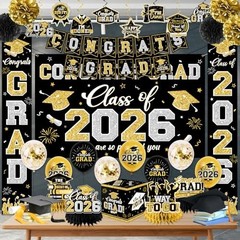 Class of 2026 Graduation Decorations Set – Black & Gold Banner, Backdrop, Balloo