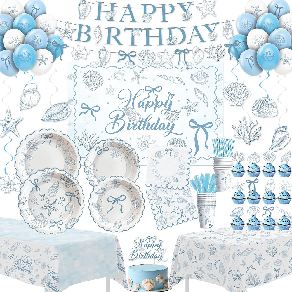 Seashell Party Decorations for Summer Beach Birthday Turned Pretty, Blue Bow Sea