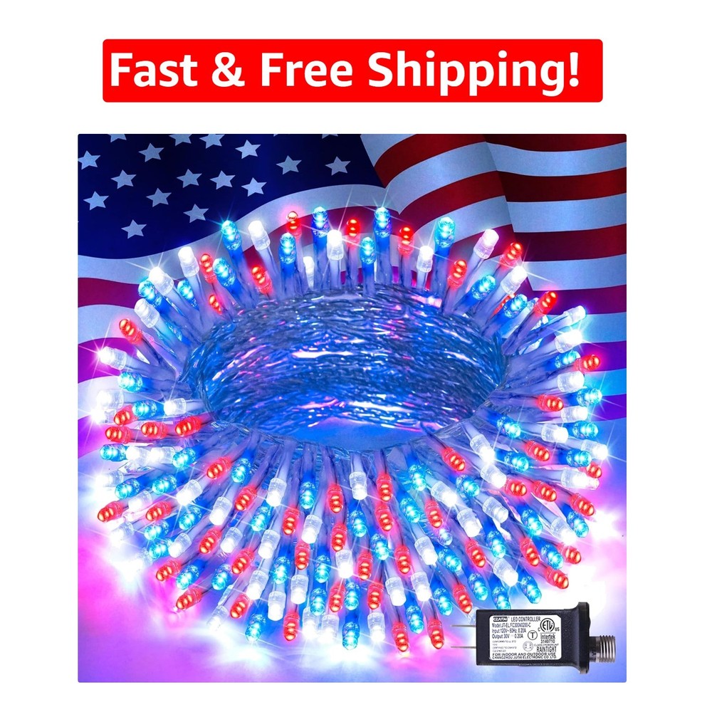 Patriotic 33ft Outdoor String Lights – 100 LED Lights, 8 Modes for Celebrations