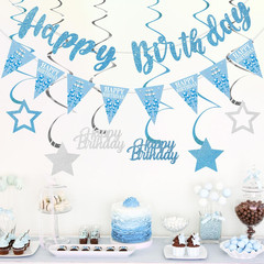Sky Blue Silver Birthday Decorations for Boys Girls, Happy Birthday Banner for M