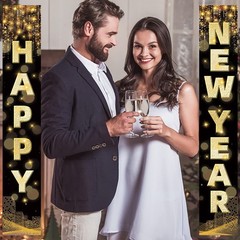 Labeol Happy New Year Banner, 72 x 12 Inch Large 72 x 12 Inch, Black and Gold