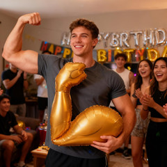 7Pcs Gym Birthday Party Decorations/Gold Bicep Muscle Balloon + Mini Dumbbell Ba