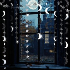 Black Silver Moon Garland Twilight Decoration Star Streamer Gothic Party Deco…