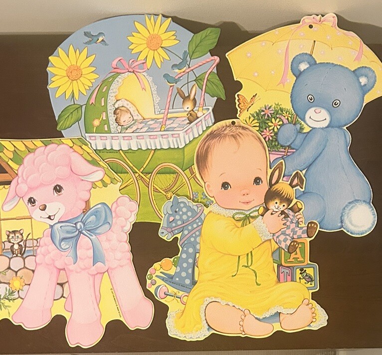 (4) Vintage 1977 Beistle Baby Shower Decor Paper Cut Outs Yellow Pink Blue EUC