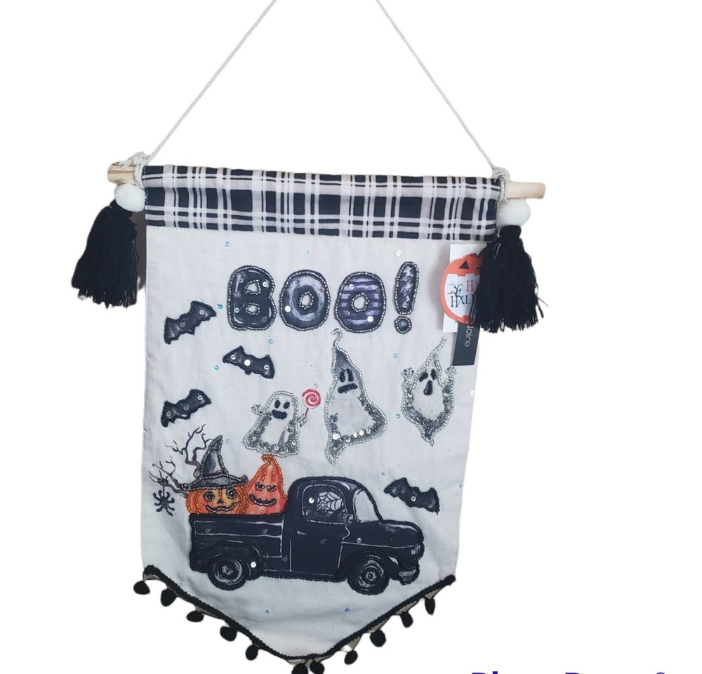 Ghosts in Truck Halloween Beaded/Sequin Wall Hanging Flag New