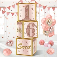 3Pcs Sweet 16 Party Decorations Boxes for Girls Women, Pink Rose Gold 16th Bi…
