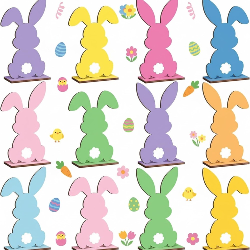 12 Pcs Easter Decorations Easter Bunny Wooden Table Centerpieces Rabbit Table…