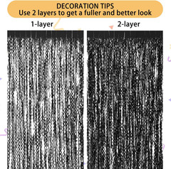 3 Pack New Years Decorations Wavy Black Tinsel Foil Fringe Curtains Party Backdr