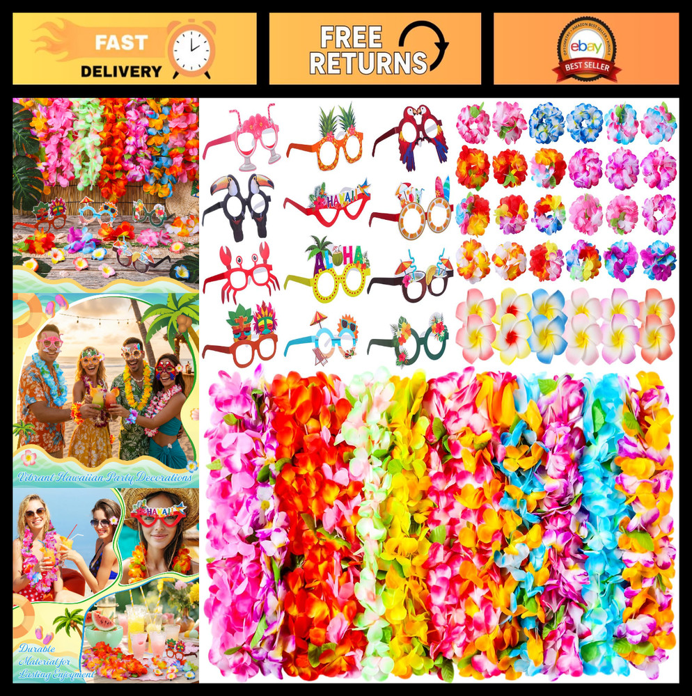 60 Pcs Hawaiian Leis Party Decorations – Luau Theme Glasses, Flower Clips & Wris