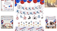 Complete Hockey Birthday Decorations: Banner, Balloons, Swirls & Tablecloth