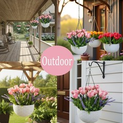 Artificial Tulips Flowers Hanging Basket for Indoor Outdoor, Realistic Pink F…
