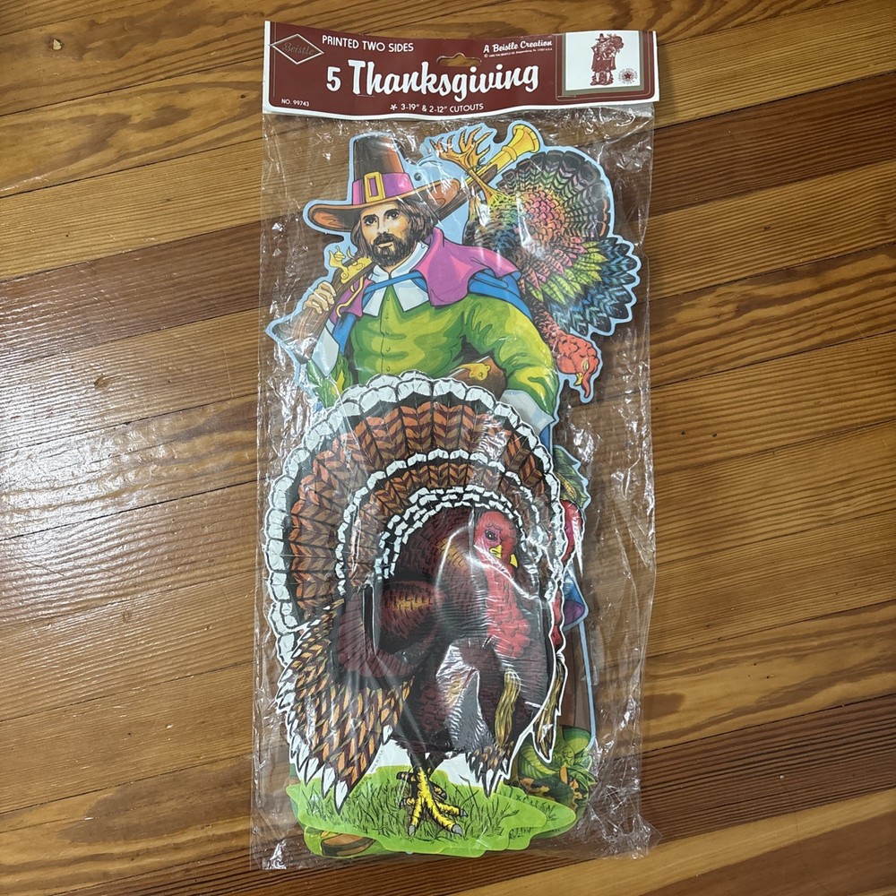 Thanksgiving Autumn 5 Asst Cutouts Decor Turkey Pilgrim 1977 Beistle 2 Side NOS
