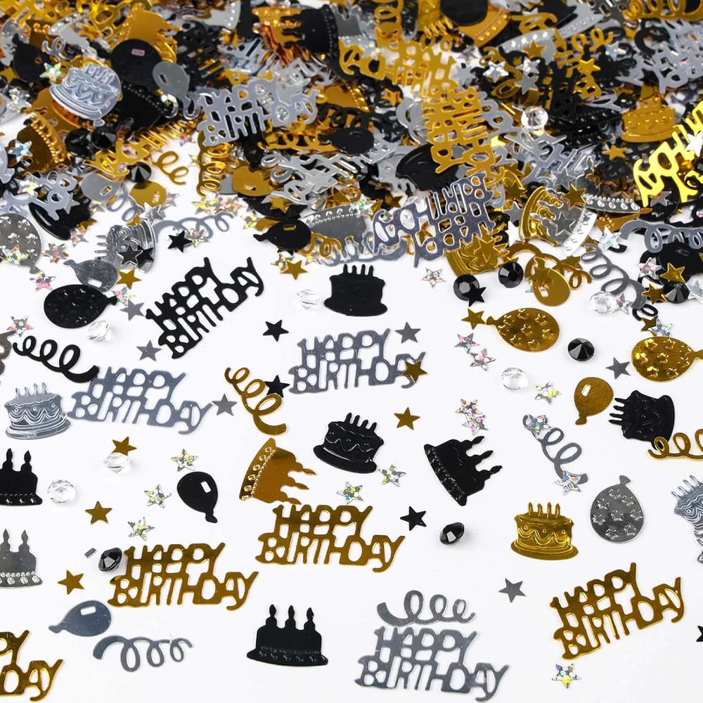 Happy Birthday Confetti, 1.6 Oz Black Gold Silver Cake Balloon Star Goblet Bottl