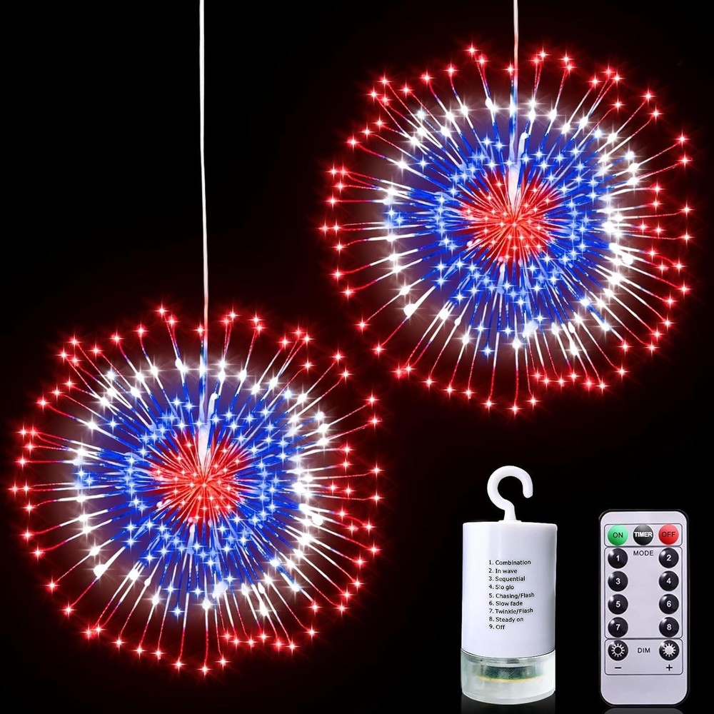 Patriotic Firework Lights 2-Pack 360 LED Red White Blue Remote Timer Outdoor