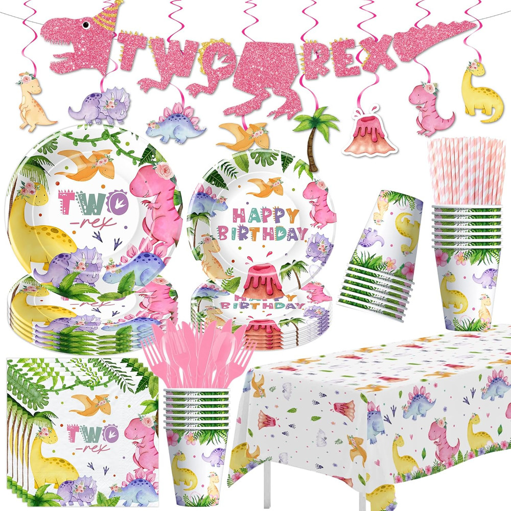 Dinosaur 2Nd Birthday Party Supplies for Girls, Pink Dino Theme Two Rex Birthday