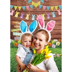 Spring Easter Photography Backdrop Wooden Board Green Grass Flower Egg 7ft x 5ft