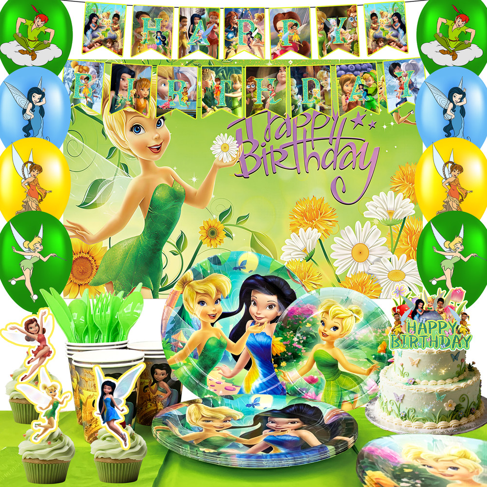 112 Pcs Tinker Bell Party Supplies Birthday Decora Tableware Balloons Backdrop