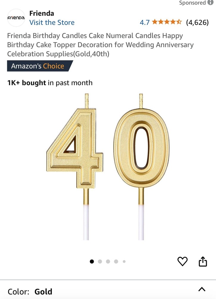 40th Birthday Candles Gold Number 40 Happy 40,