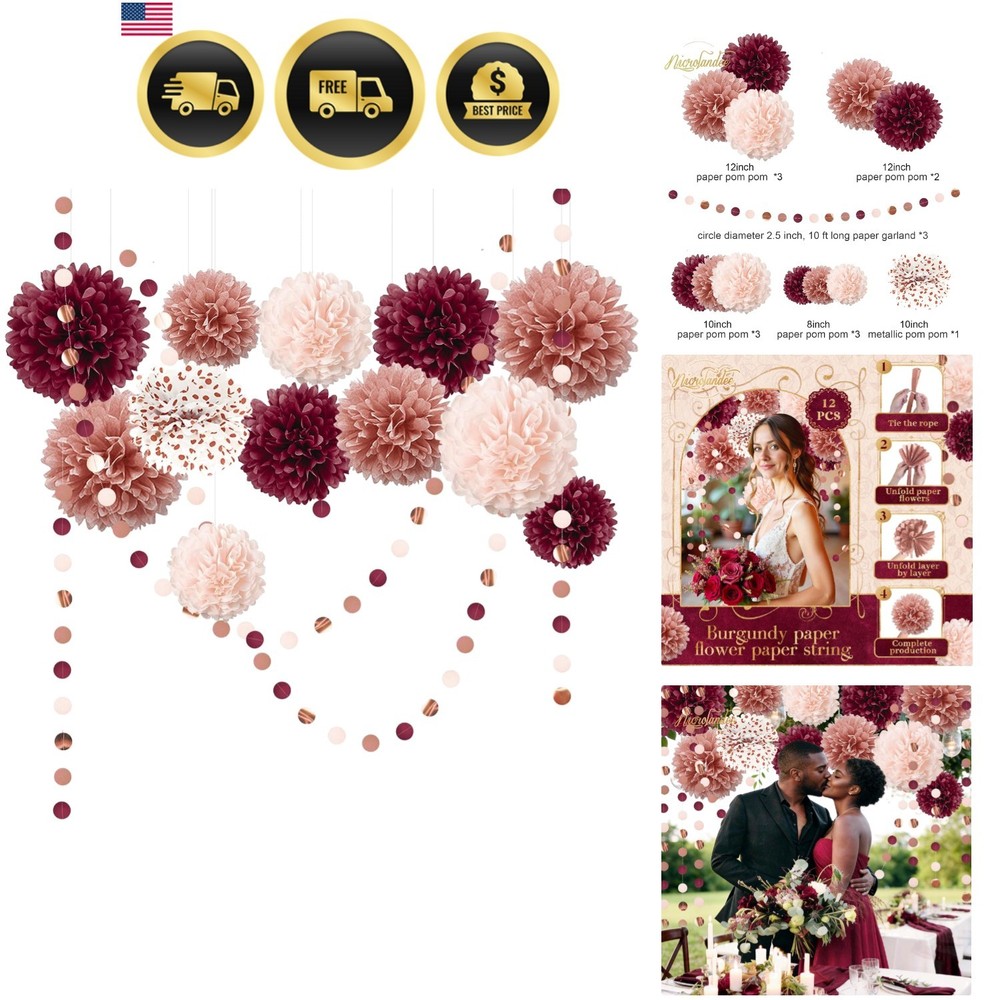 Bachelorette Party Decorations – 15Pcs Burgundy Rose Gold Tissue Pom Poms Cir…