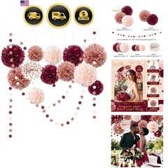Bachelorette Party Decorations – 15Pcs Burgundy Rose Gold Tissue Pom Poms Cir…