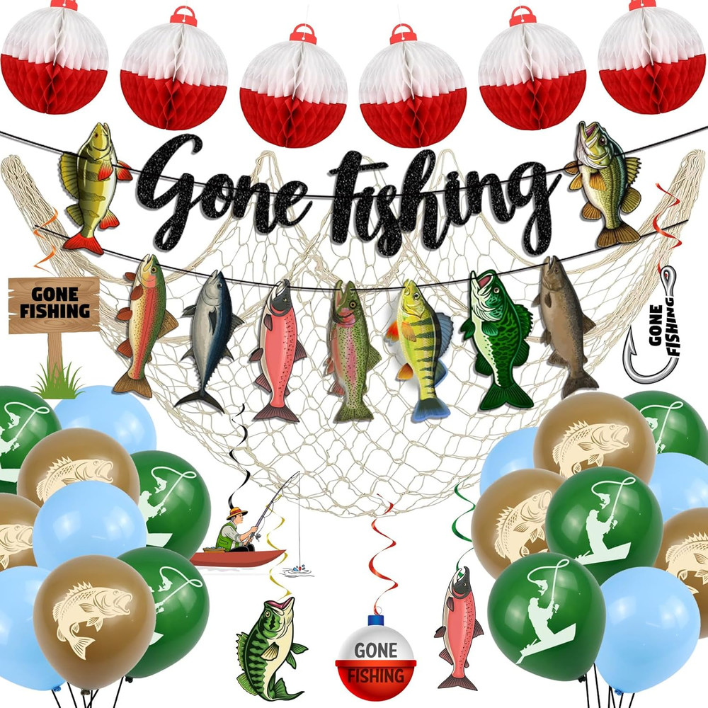 Fishing Birthday Party Decorations, Gone Fishing Themed Banner Fish Net Decor Ga