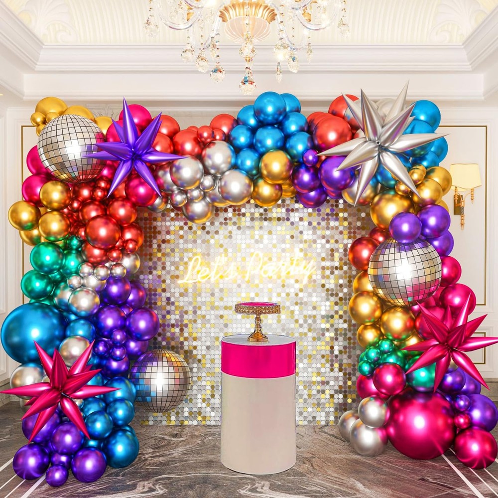 161pcs Shiny Chrome Balloon Garland Arch Kit Retro Disco Dance Party Decorati…