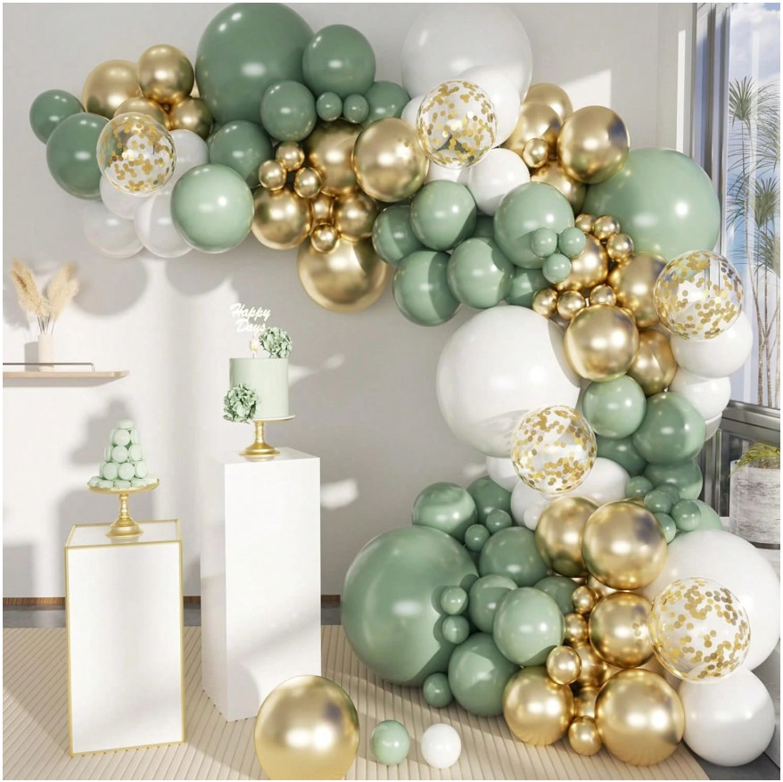 149X Sage Green Gold Chrome Confetti Latex Balloons Combination Arch Garland Kit