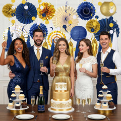 34 Pcs Blue and Gold Party Decorations, Hanging Paper Lanterns Fans Blue gold