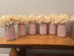 6 Pink Distressed Painted Mason Jars With Flowers- Party Table Centerpieces-
