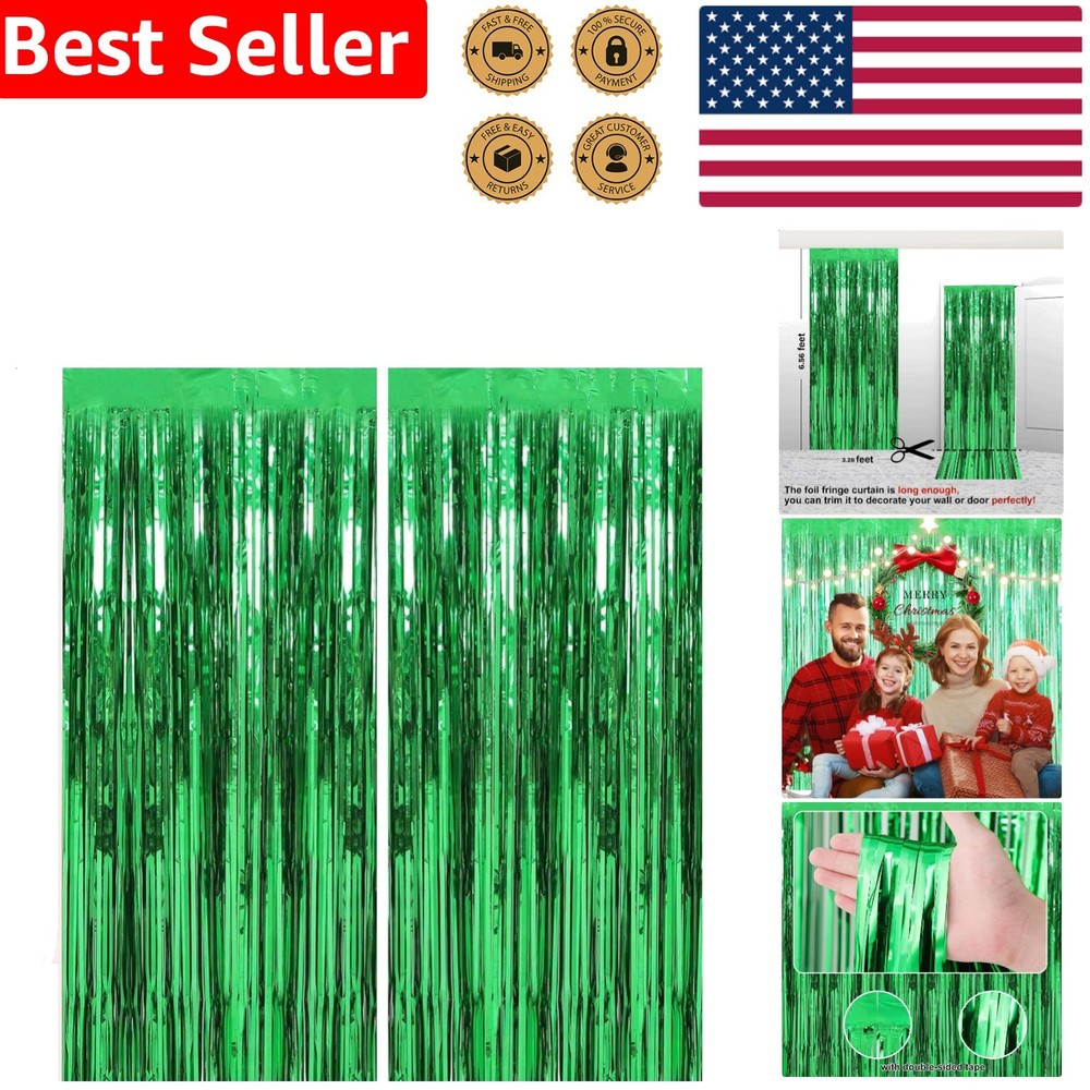 2 Pack Green Metallic Tinsel Curtains 3.28×6.56′ Shimmering Party Backdrop Do…