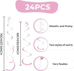 24 PCS Pink Hanging Swirl, Sparkle Ceiling Hanging Decorations, Plastic Strea…