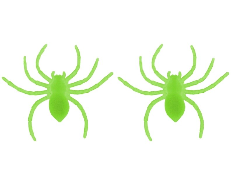 2 x GLOW IN THE DARK SPIDERS 11cm x 10cm x 2cm HALLOWEEN DECORATION PROP SPIDER