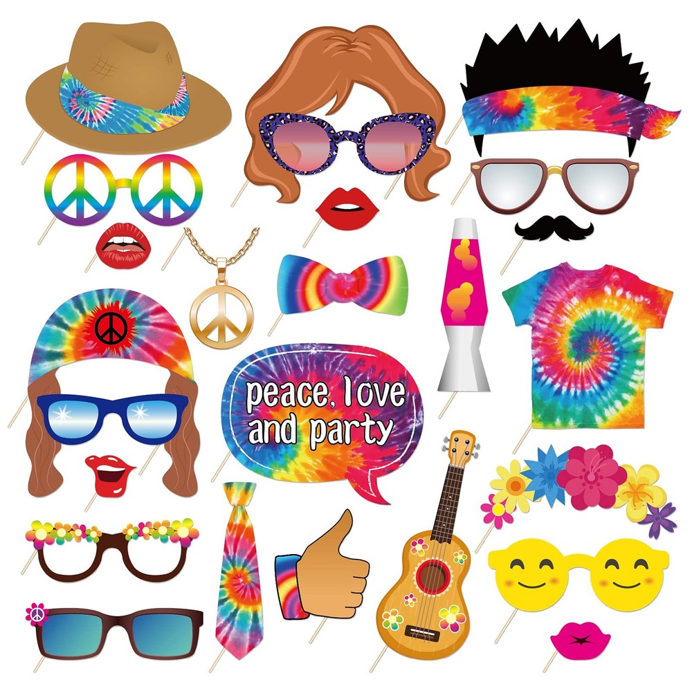 25 PCS Hippie Photo Booth Props 60s 70s Groovy Tie Dye Party Supplies