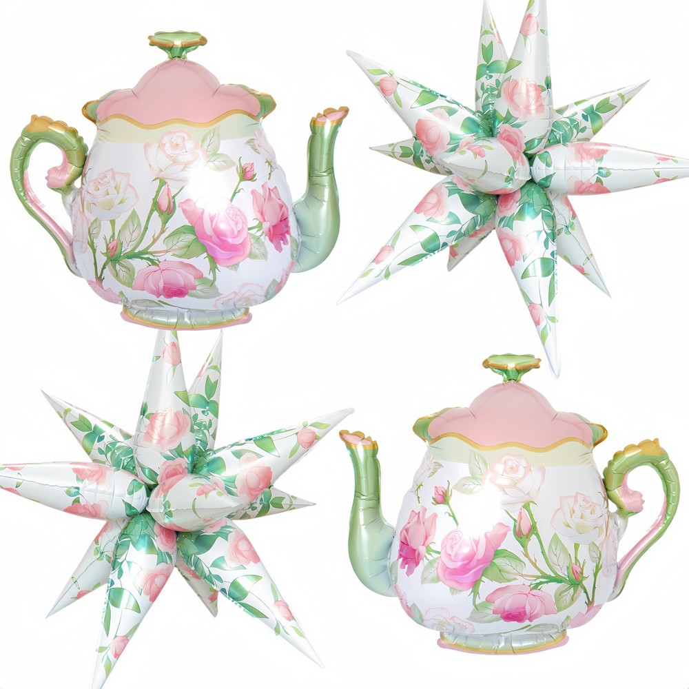 4Pcs Teapot Balloon Set/Alice Party Teapot Mylar Balloons+Flower Exploding St…