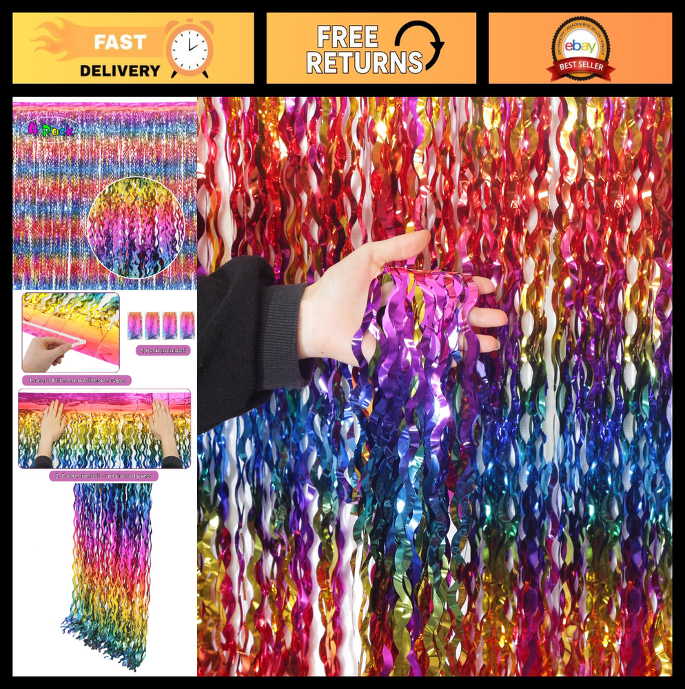 4 Pack Wavy Rainbow Foil Fringe Curtains | Colorful Tinsel Backdrop for Parties