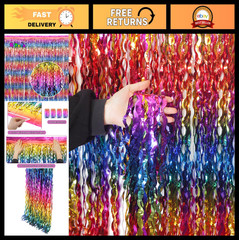 4 Pack Wavy Rainbow Foil Fringe Curtains | Colorful Tinsel Backdrop for Parties