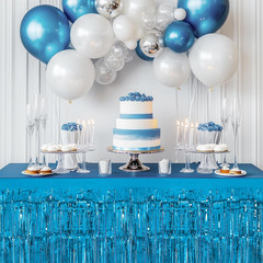 2 Pack Light Blue Lake Blue Table Skirts, 29X108″ Metallic Foil Tinsel Fringe