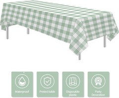 Sage Green Gingham Party Tablecloth Decorations, 3 Pack Green Checkered