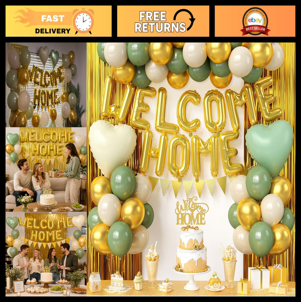 Sage Green & Gold Welcome Home Decorations, Balloon Banner, Heart Foil Balloons,