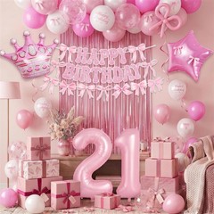 21st Pink Bow Decorations for Her, Coquette Party Decor Include 40 Inch Foil …