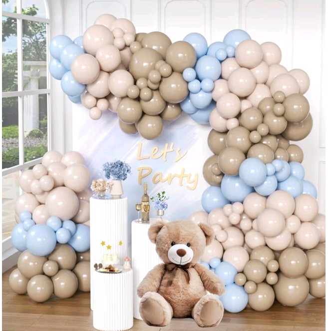 140Pcs Baby Blue, Beige, Brown Cream Balloon Arch Kit, Bear Baby Decorations
