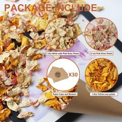 2.5 QT 30 Cups Mix Real Dried White Pink Yellow Rose Flower Petal Confetti